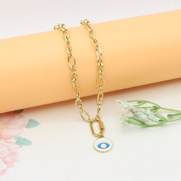 Chunky Gold Link Necklace with Eye Charm – Bold Yellow Jewelry, XPNL0368 - Picture 11 of 13